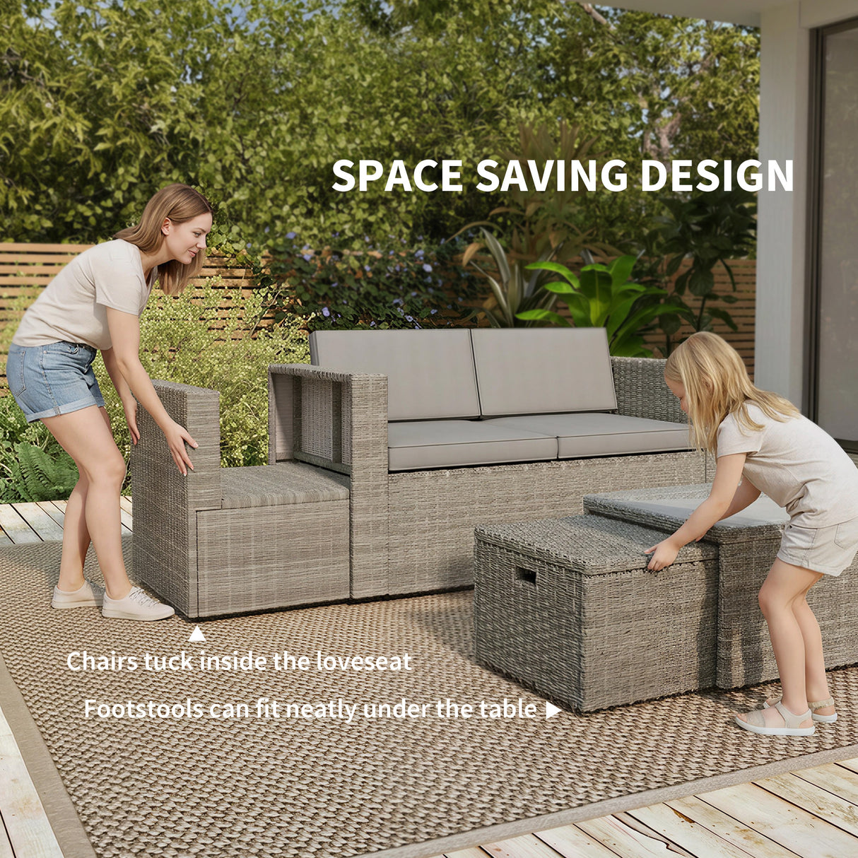 Poly Rattan 6 Pieces Conversation Garden Sofa Set With Nesting Footstools - Velmora