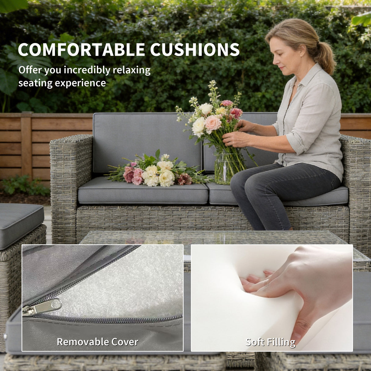 Poly Rattan 6 Pieces Conversation Garden Sofa Set With Nesting Footstools - Velmora