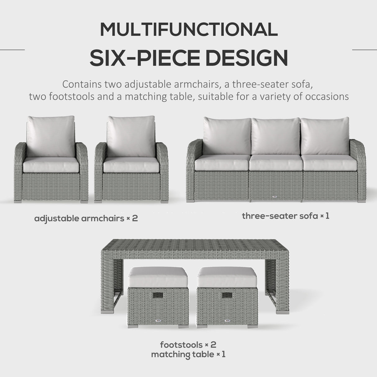 Poly Rattan 6 Pieces Garden Dining Set With Reclining Armchairs and Metal Frame - Velmora