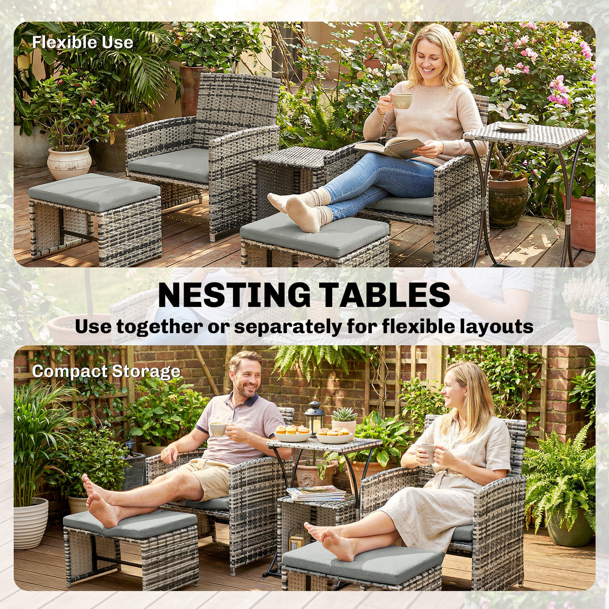 Poly Rattan 6 Pieces Garden Sofa Set With Nesting Tables And Armchairs - Velmora