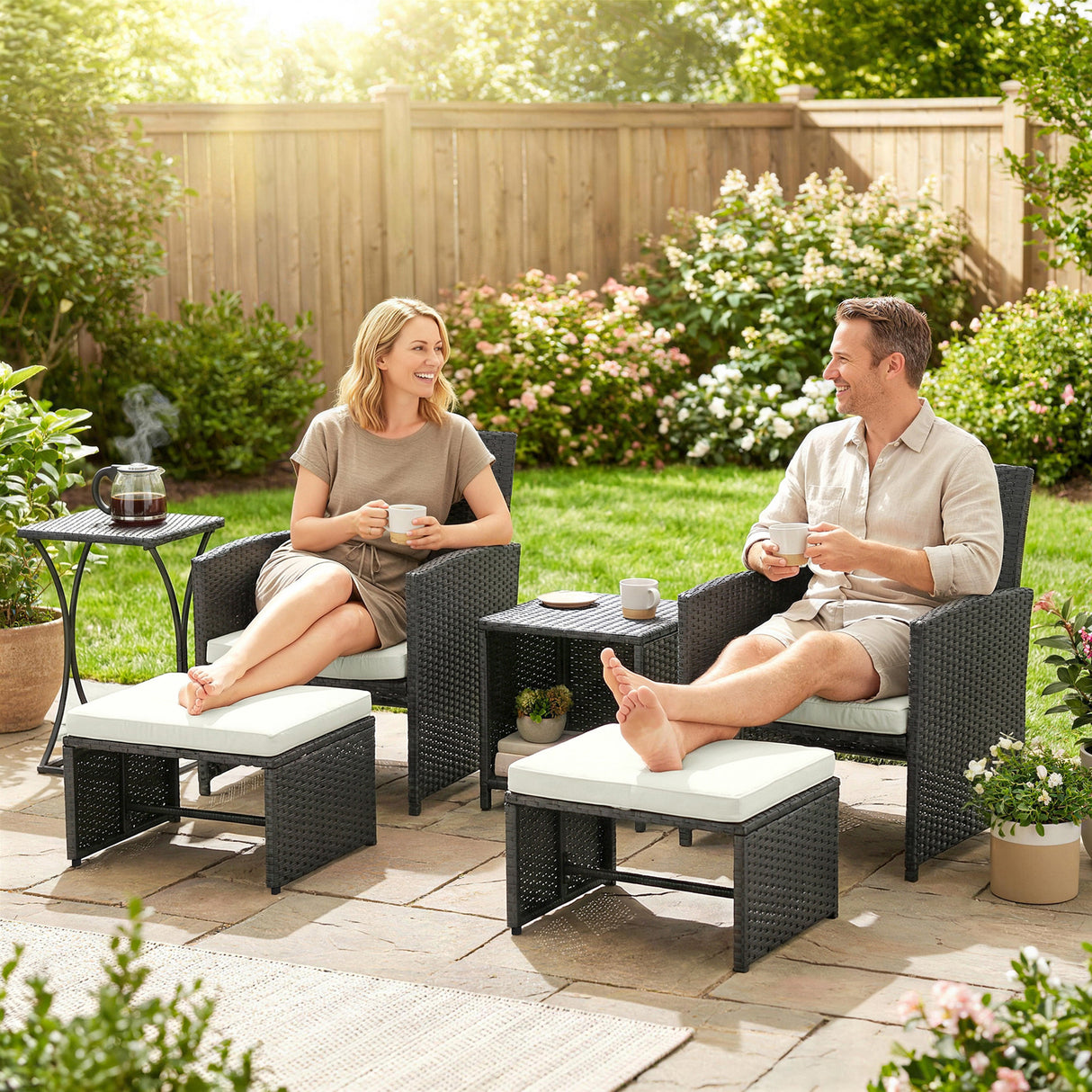 Poly Rattan 6 Pieces Garden Sofa Set With Nesting Tables And Armchairs - Velmora