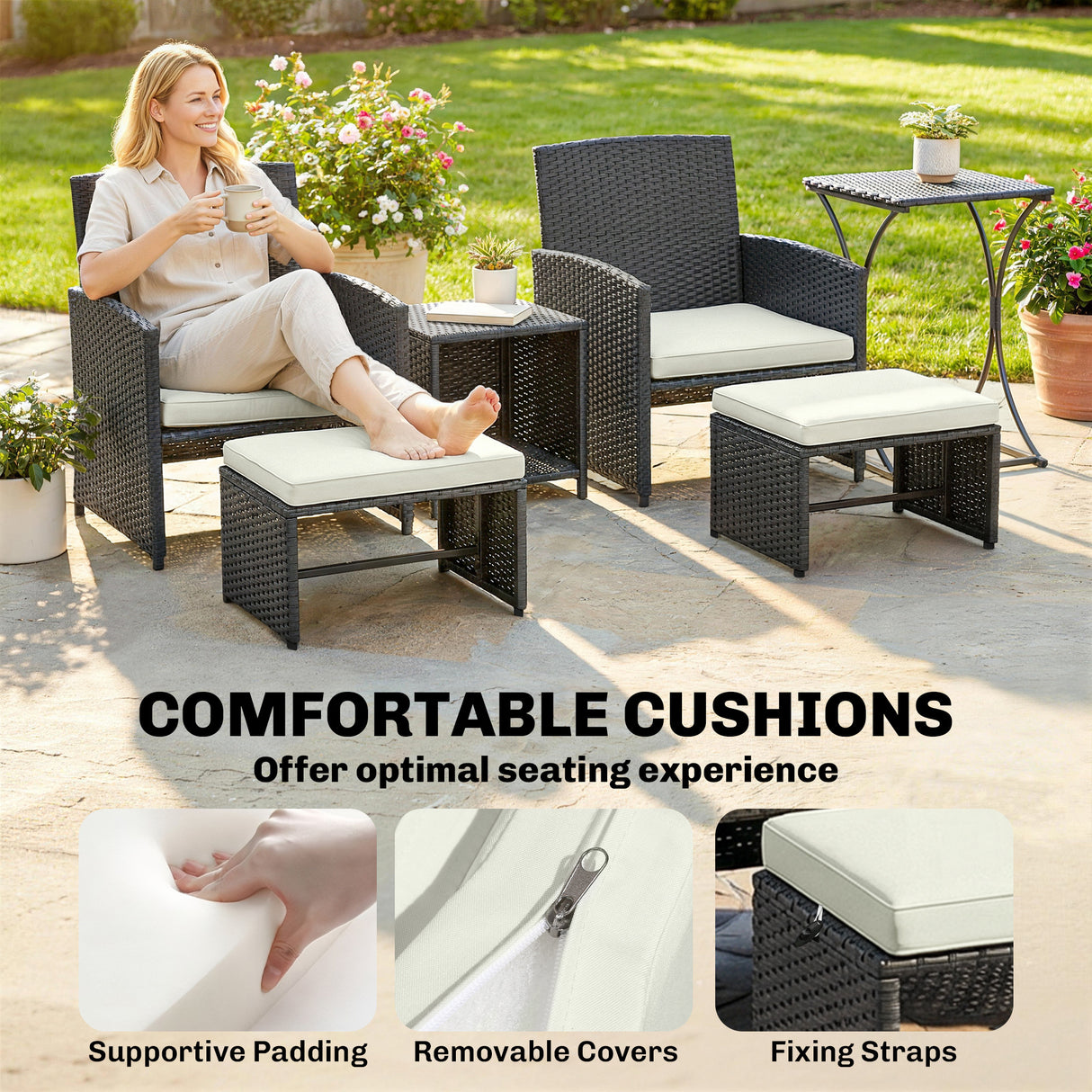 Poly Rattan 6 Pieces Garden Sofa Set With Nesting Tables And Armchairs - Velmora