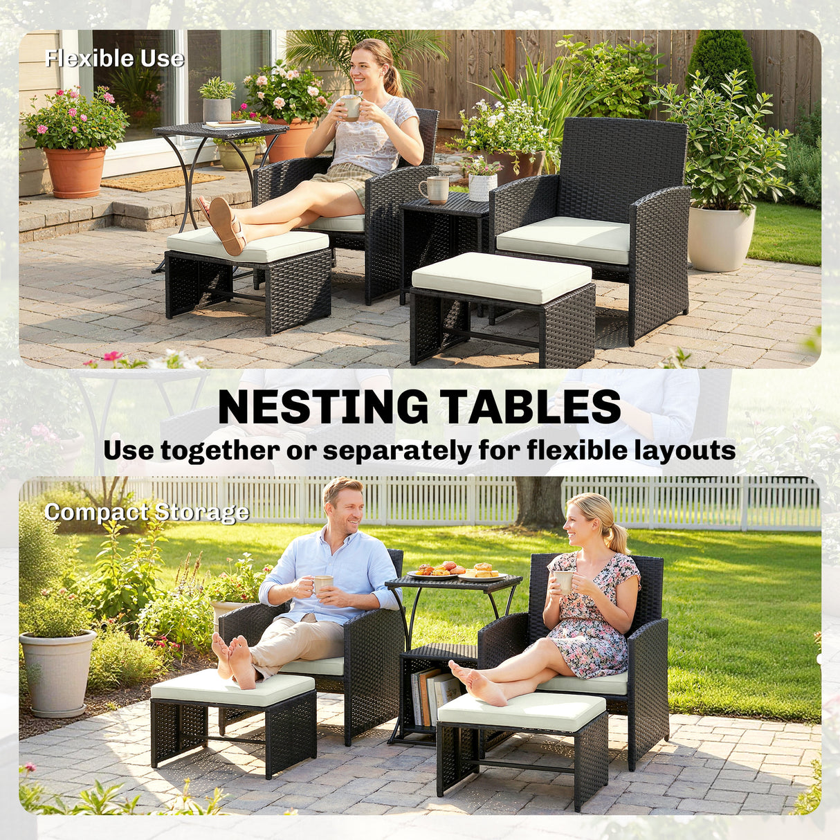 Poly Rattan 6 Pieces Garden Sofa Set With Nesting Tables And Armchairs - Velmora