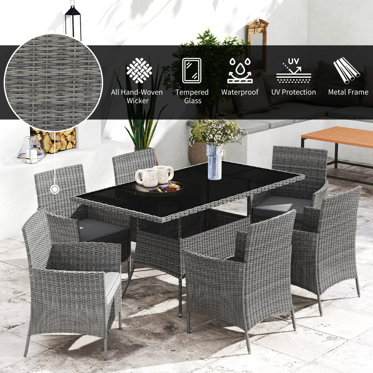 Poly Rattan 6 Seater Garden Dining Set With Cushions - Velmora