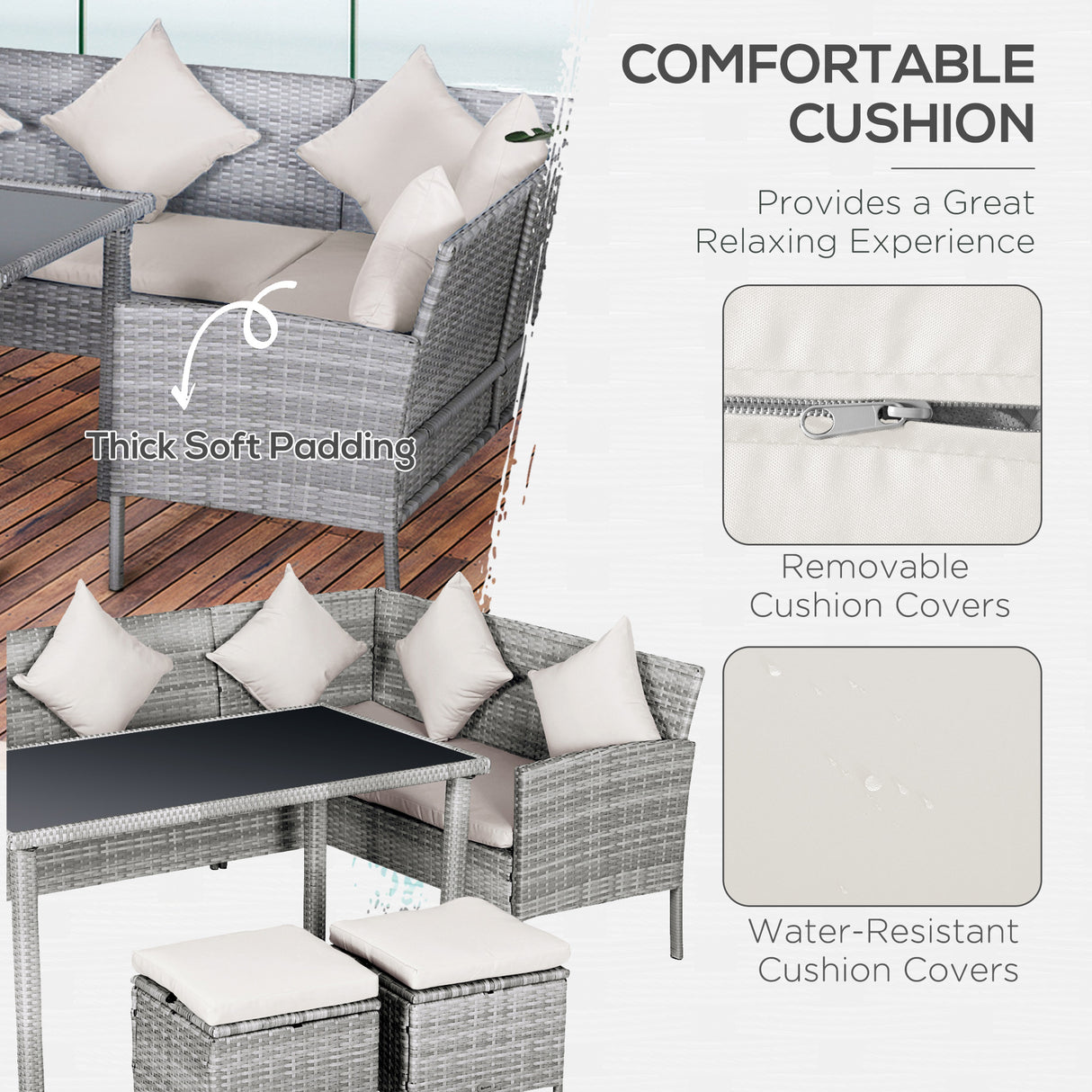 Poly Rattan 6 Seater Garden Dining Set With Table And Footstool With Cushion - Velmora