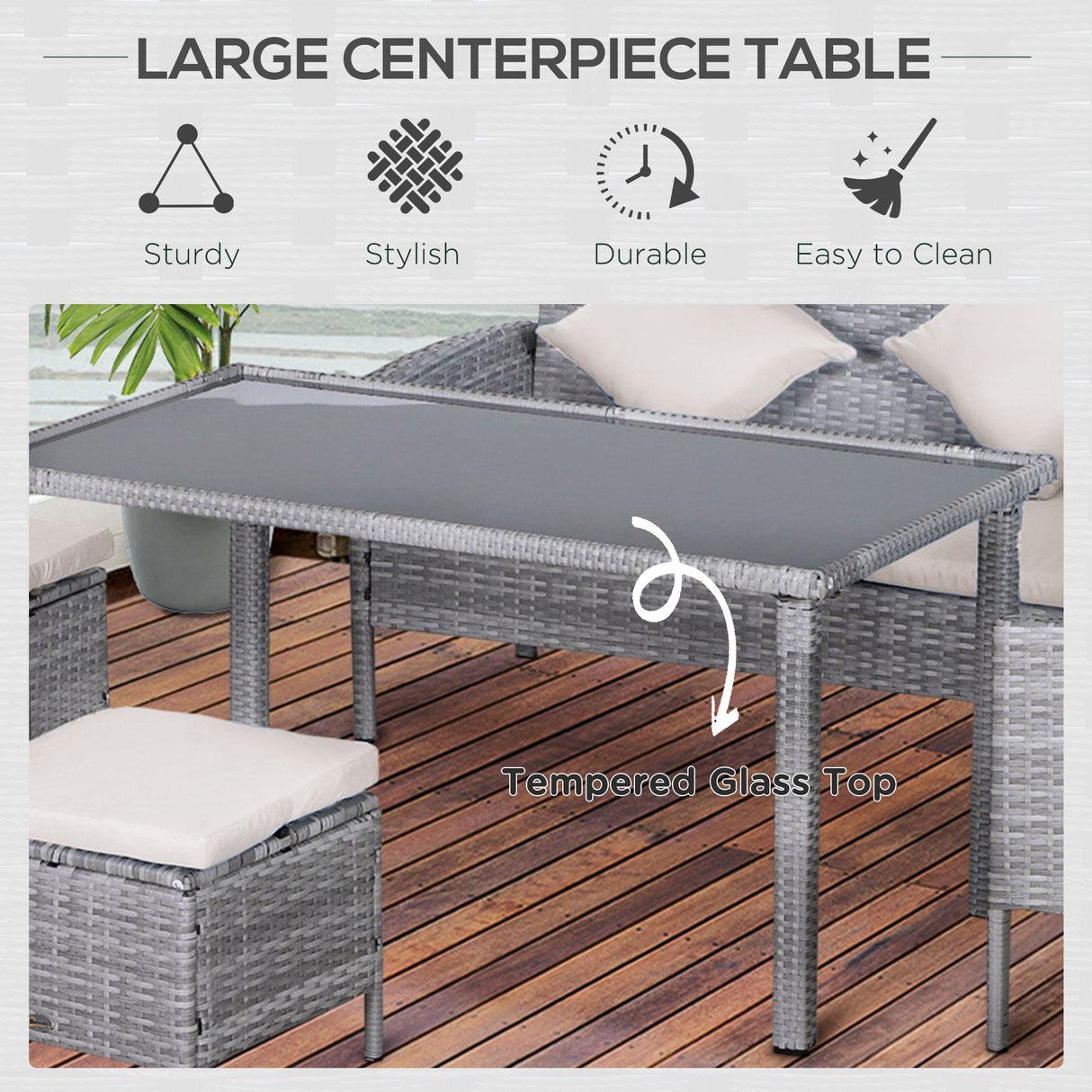 Poly Rattan 6 Seater Garden Dining Set With Table And Footstool With Cushion - Velmora
