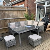 Poly Rattan 6 Seater Garden Dining Set With Table And Footstool With Cushion - Velmora
