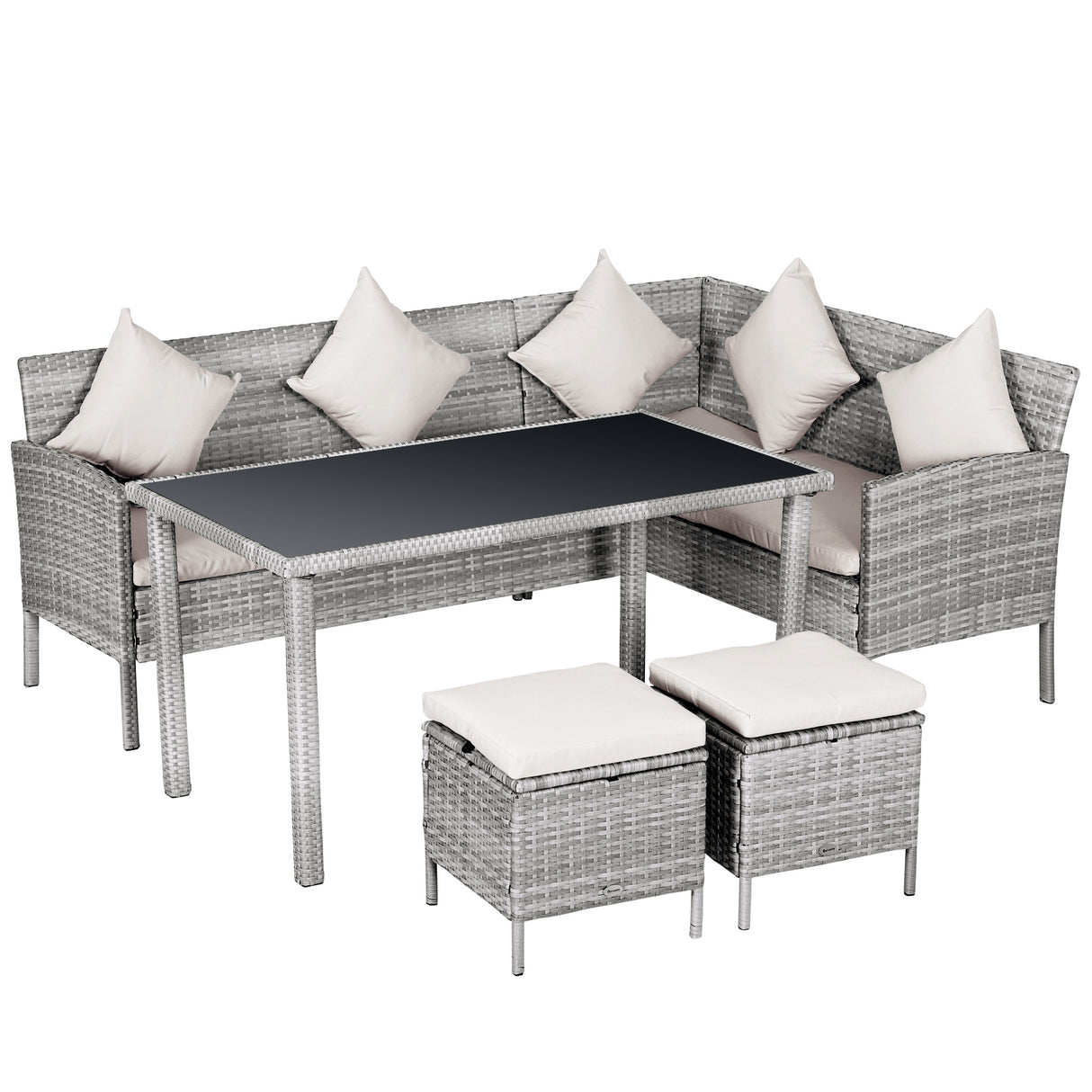 Poly Rattan 6 Seater Garden Dining Set With Table And Footstool With Cushion - Velmora