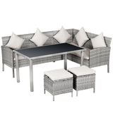 Poly Rattan 6 Seater Garden Dining Set With Table And Footstool With Cushion - Velmora
