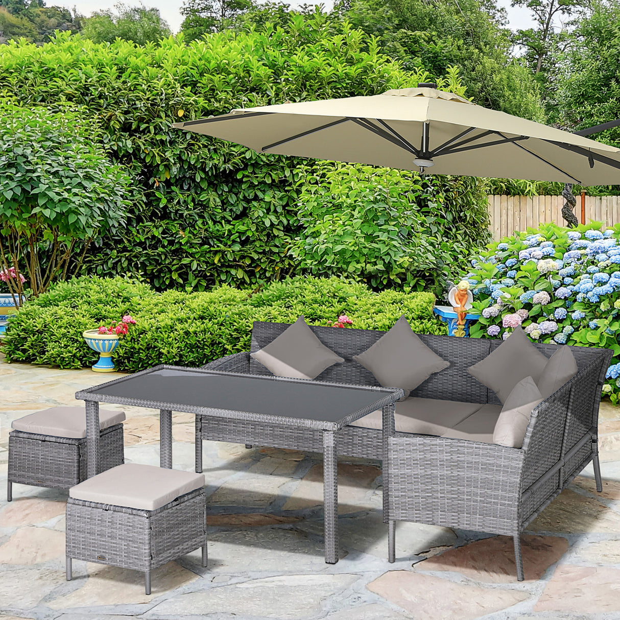 Poly Rattan 6 Seater Garden Dining Set With Table And Footstool With Cushion - Velmora