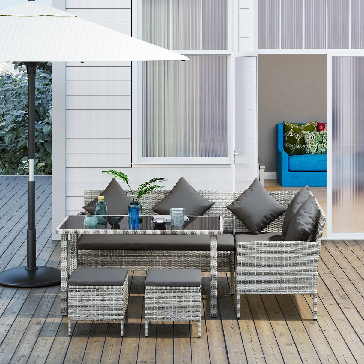 Poly Rattan 6 Seater Garden Dining Set With Table And Footstool With Cushion - Velmora