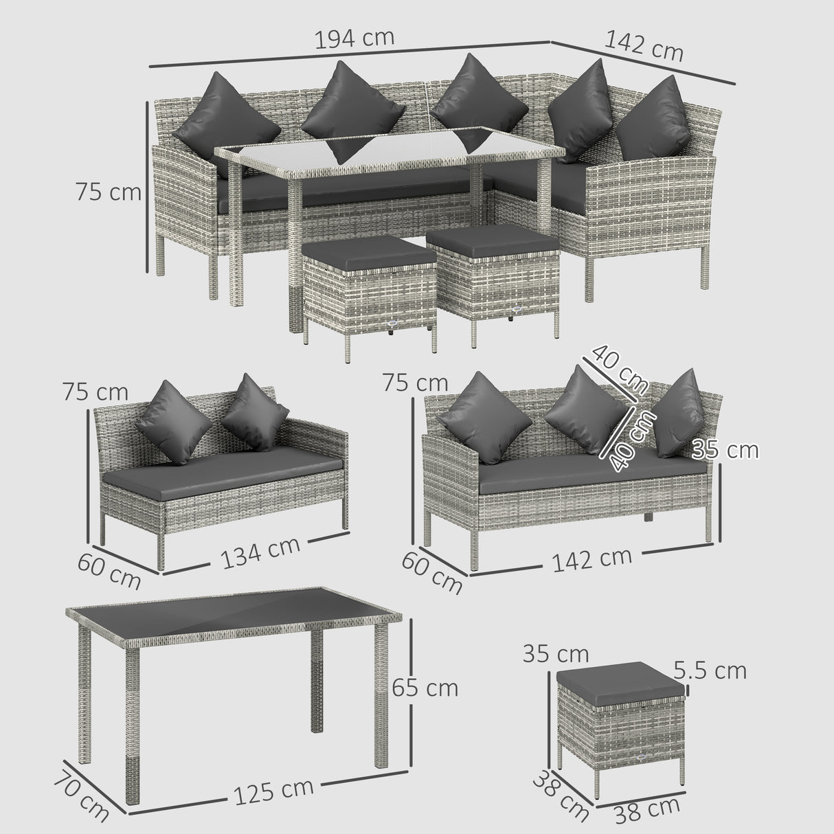 Poly Rattan 6 Seater Garden Dining Set With Table And Footstool With Cushion - Velmora