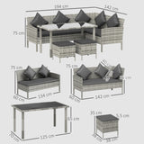 Poly Rattan 6 Seater Garden Dining Set With Table And Footstool With Cushion - Velmora