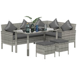 Poly Rattan 6 Seater Garden Dining Set With Table And Footstool With Cushion - Velmora