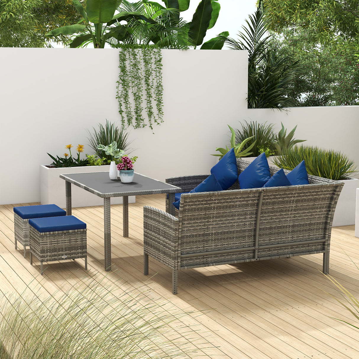 Poly Rattan 6 Seater Garden Dining Set With Table And Footstool With Cushion - Velmora