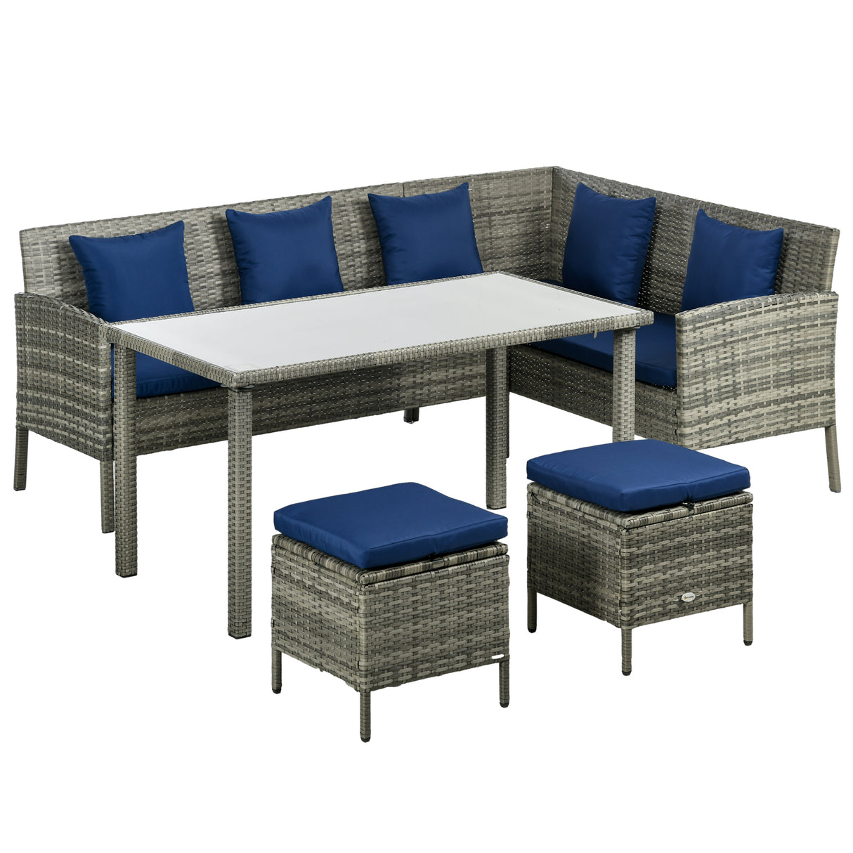 Poly Rattan 6 Seater Garden Dining Set With Table And Footstool With Cushion - Velmora