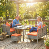 Poly Rattan 6 Seater Garden Dining Set With Table And Footstool With Cushion - Velmora