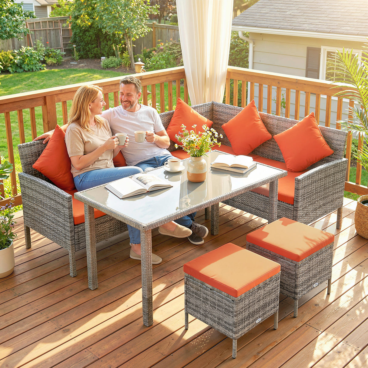Poly Rattan 6 Seater Garden Dining Set With Table And Footstool With Cushion - Velmora