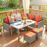 Poly Rattan 6 Seater Garden Dining Set With Table And Footstool With Cushion - Velmora