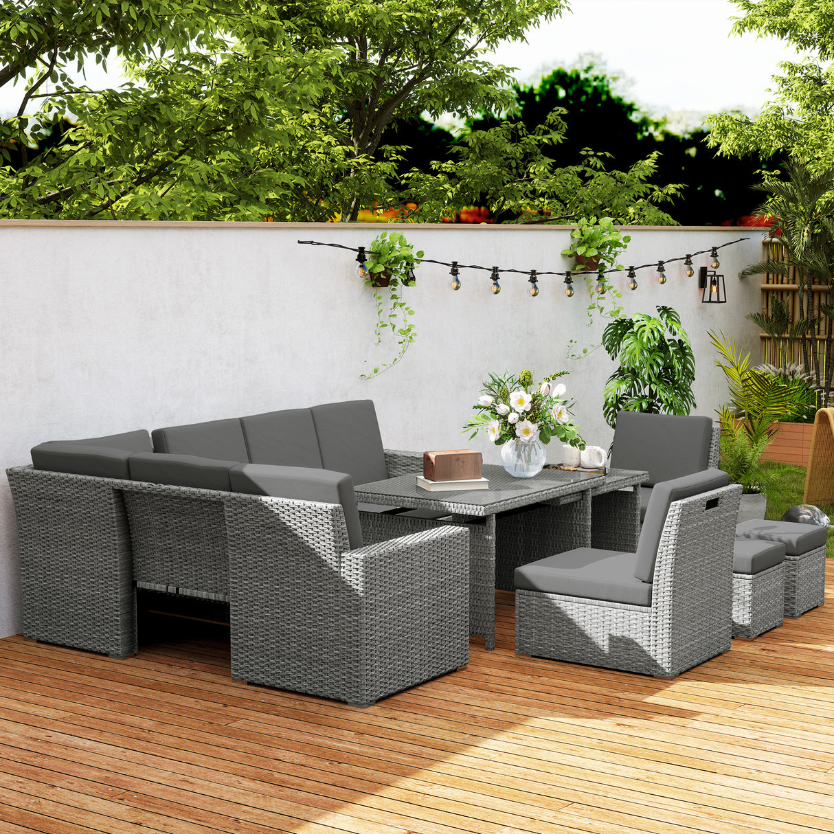 Poly Rattan 7 Pieces Garden Sofa Set With Expanding Glass Top Table - Velmora