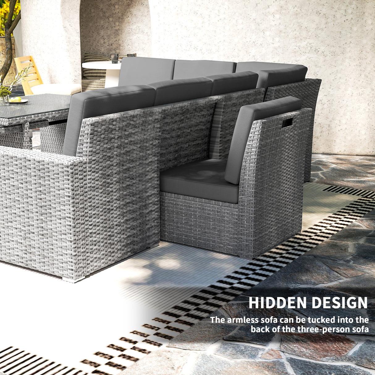 Poly Rattan 7 Pieces Garden Sofa Set With Expanding Glass Top Table - Velmora