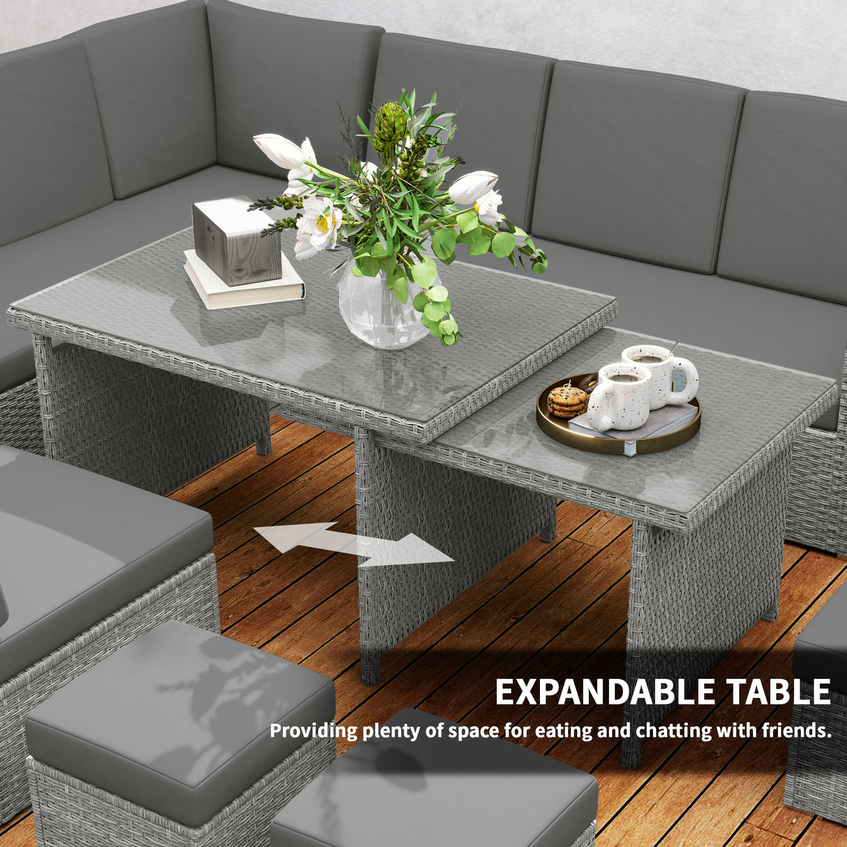 Poly Rattan 7 Pieces Garden Sofa Set With Expanding Glass Top Table - Velmora