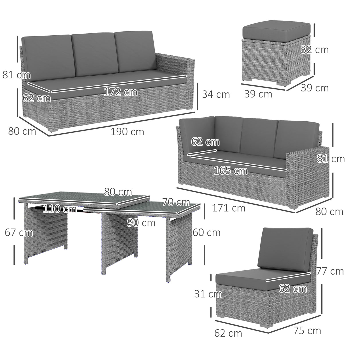Poly Rattan 7 Pieces Garden Sofa Set With Expanding Glass Top Table - Velmora