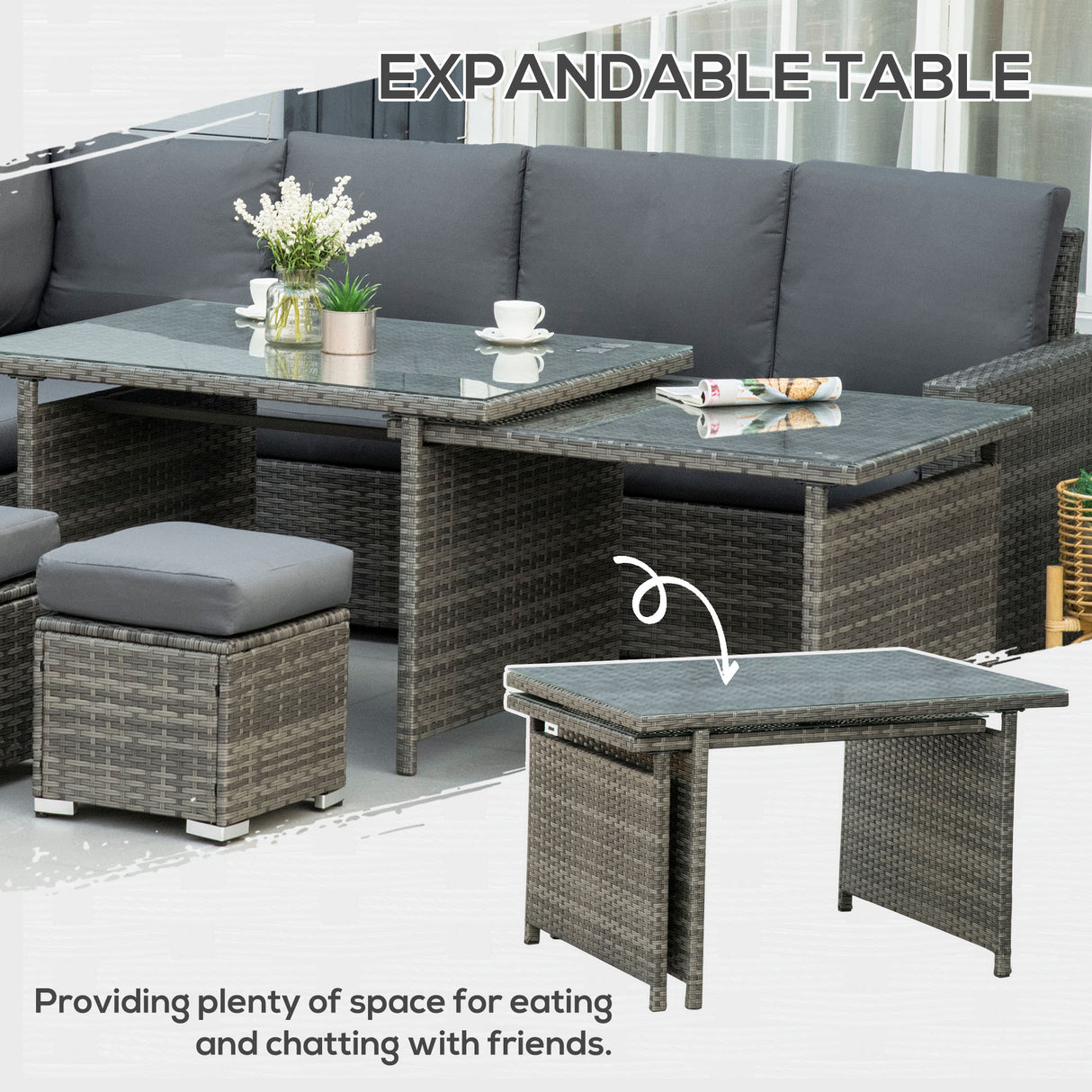 Poly Rattan 7 Pieces Garden Sofa Set With Expanding Glass Top Table - Velmora