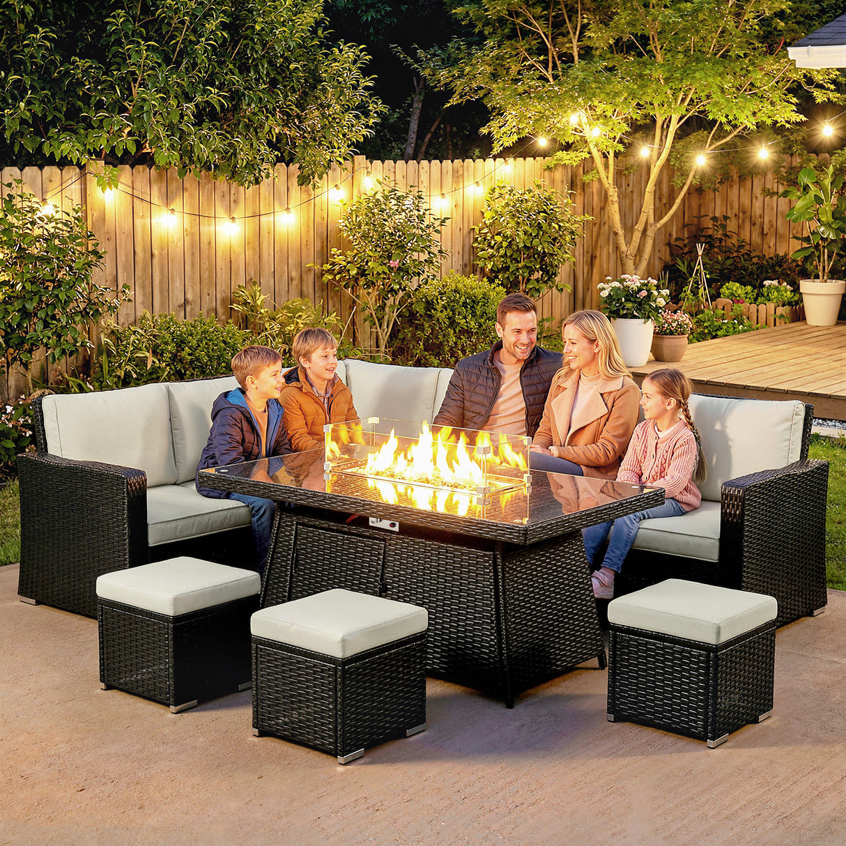 Poly Rattan 7 Pieces Garden Sofa Set With Gas Fire Pit Table - Velmora