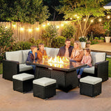Poly Rattan 7 Pieces Garden Sofa Set With Gas Fire Pit Table - Velmora