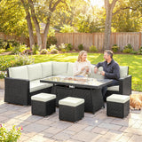 Poly Rattan 7 Pieces Garden Sofa Set With Gas Fire Pit Table - Velmora