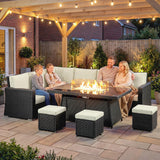 Poly Rattan 7 Pieces Garden Sofa Set With Gas Fire Pit Table - Velmora
