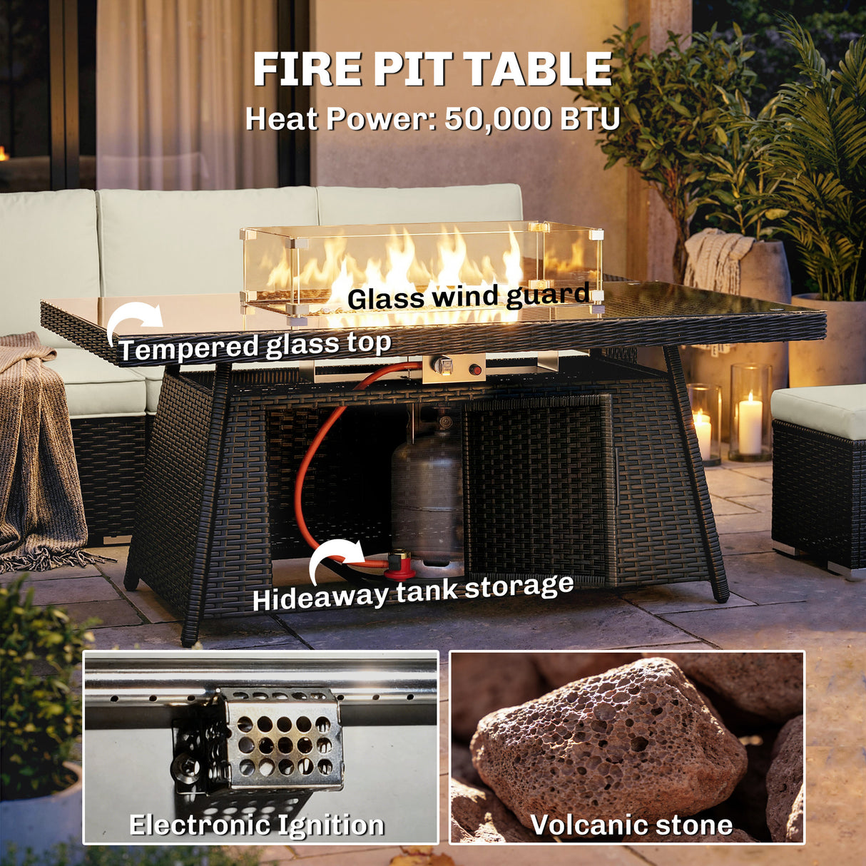 Poly Rattan 7 Pieces Garden Sofa Set With Gas Fire Pit Table - Velmora