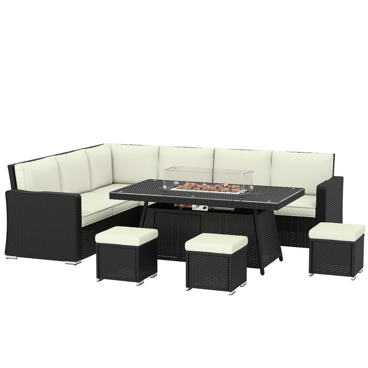 Poly Rattan 7 Pieces Garden Sofa Set With Gas Fire Pit Table - Velmora