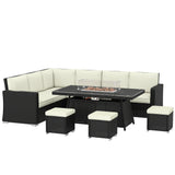 Poly Rattan 7 Pieces Garden Sofa Set With Gas Fire Pit Table - Velmora
