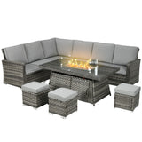 Poly Rattan 7 Pieces Garden Sofa Set With Gas Fire Pit Table - Velmora