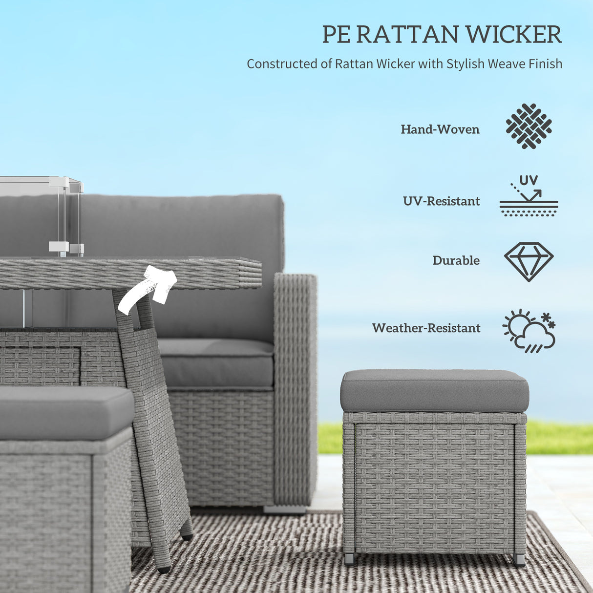 Poly Rattan 7 Pieces Garden Sofa Set With Gas Fire Pit Table - Velmora