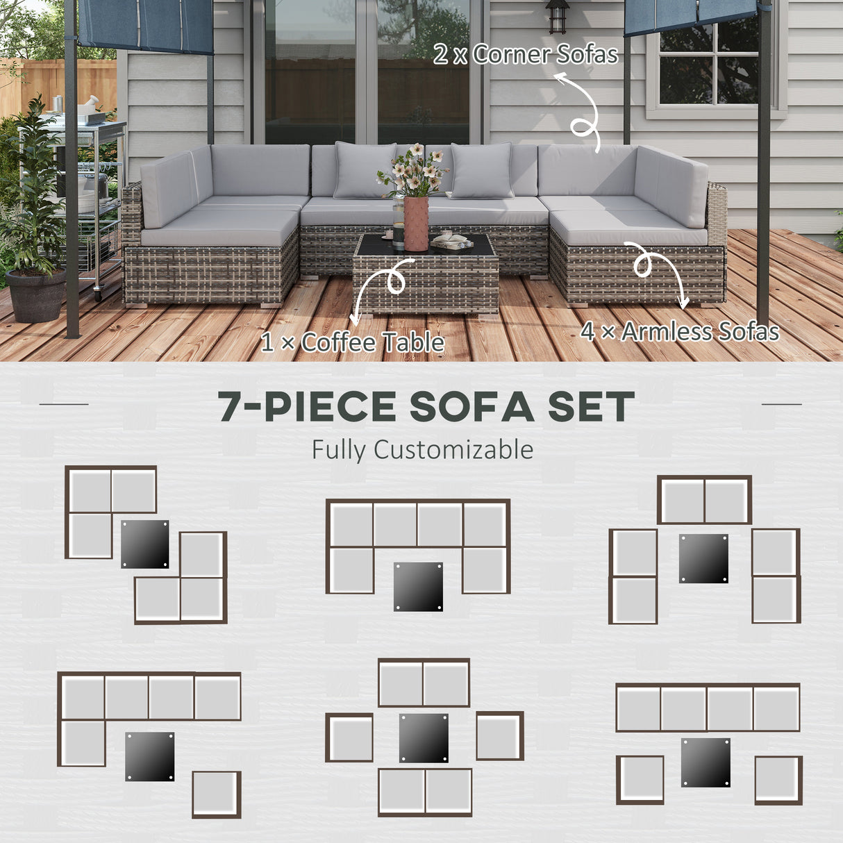 Poly Rattan 7 Pieces Garden Sofa Set With Square Glass Top Table - Velmora