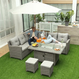 Poly Rattan 8 Seater L-Shaped Garden Sofa Set Conversation Set With Fire Pit Table - Velmora