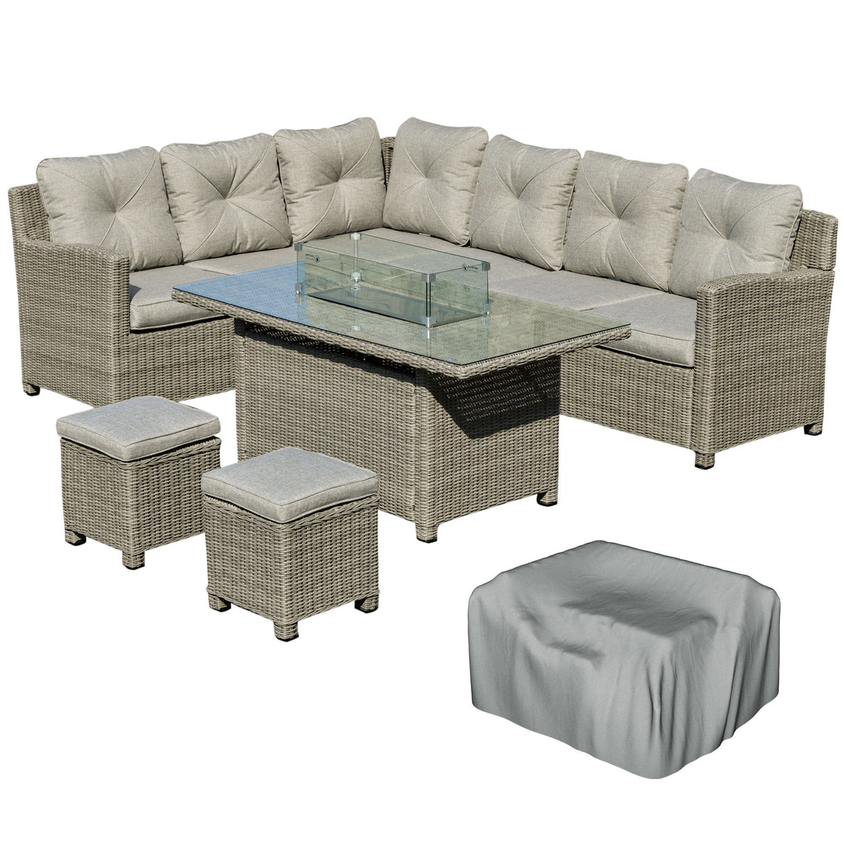 Poly Rattan 8 Seater L-Shaped Garden Sofa Set Conversation Set With Fire Pit Table - Velmora
