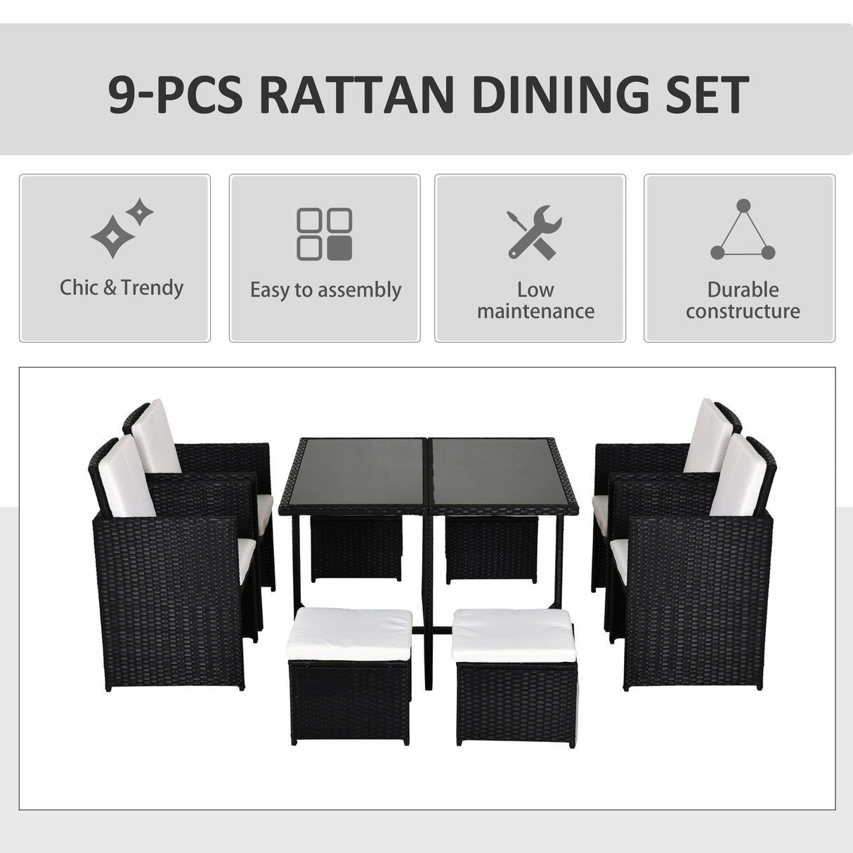 Poly Rattan 9 Piece Garden Dining Set With Armchairs And Glass Top Table - Velmora