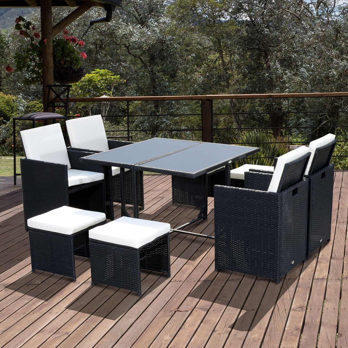 Poly Rattan 9 Piece Garden Dining Set With Armchairs And Glass Top Table - Velmora