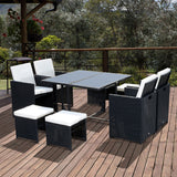 Poly Rattan 9 Piece Garden Dining Set With Armchairs And Glass Top Table - Velmora