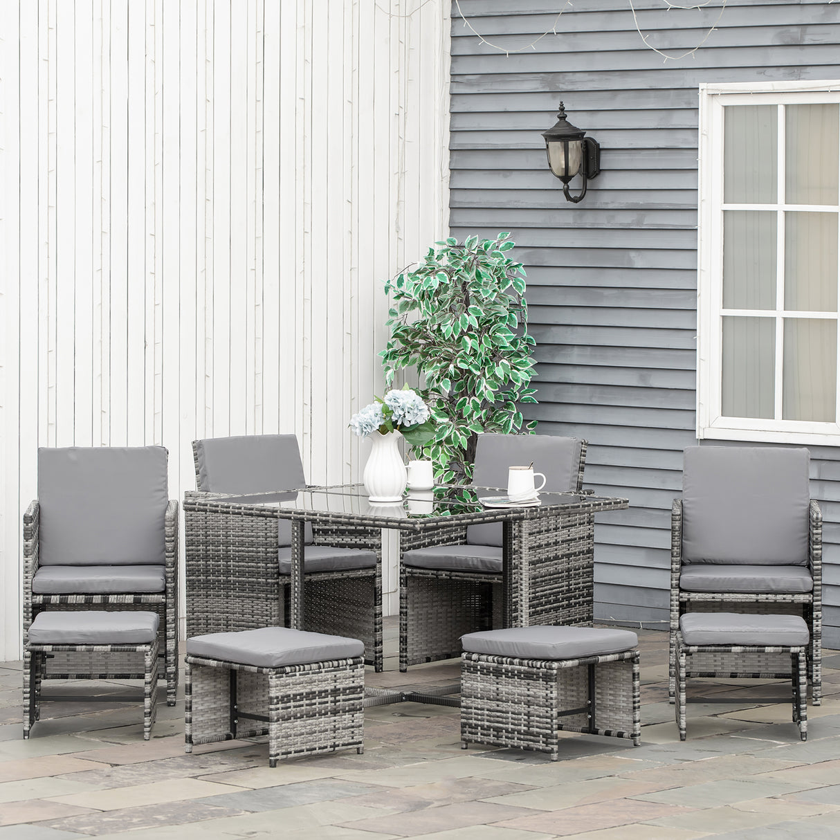 Poly Rattan 9 Piece Garden Dining Set With Armchairs And Glass Top Table - Velmora