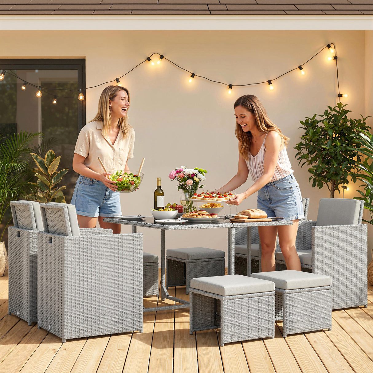 Poly Rattan 9 Piece Garden Dining Set With Armchairs And Glass Top Table - Velmora