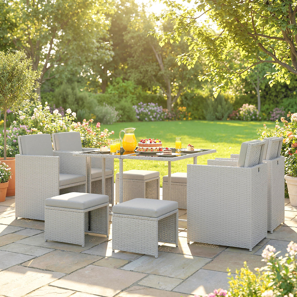 Poly Rattan 9 Piece Garden Dining Set With Armchairs And Glass Top Table - Velmora