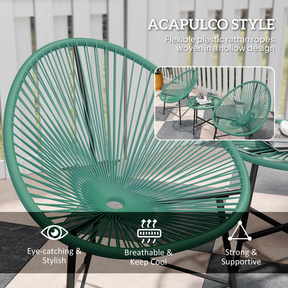 Poly Rattan Bistro Set With Acapulco Chairs and Round Glass Top Table - Velmora