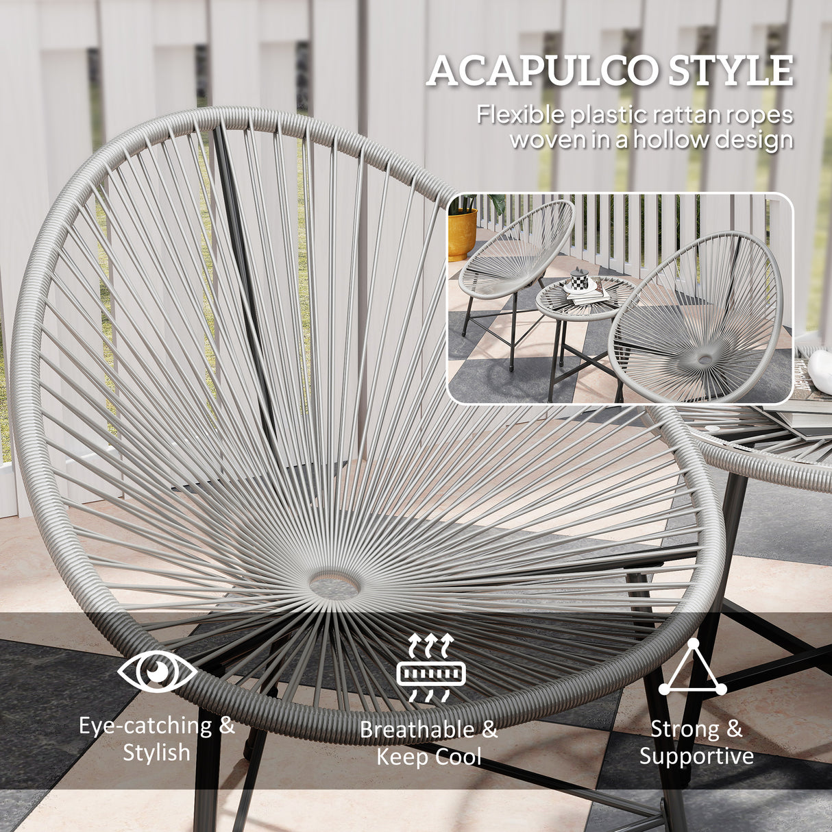 Poly Rattan Bistro Set With Acapulco Chairs and Round Glass Top Table - Velmora