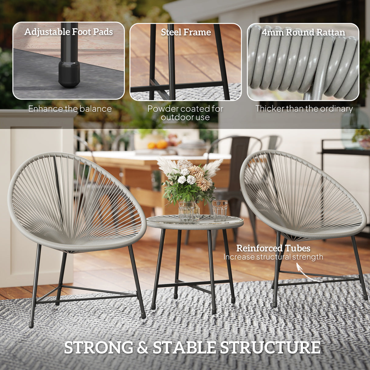 Poly Rattan Bistro Set With Acapulco Chairs and Round Glass Top Table - Velmora