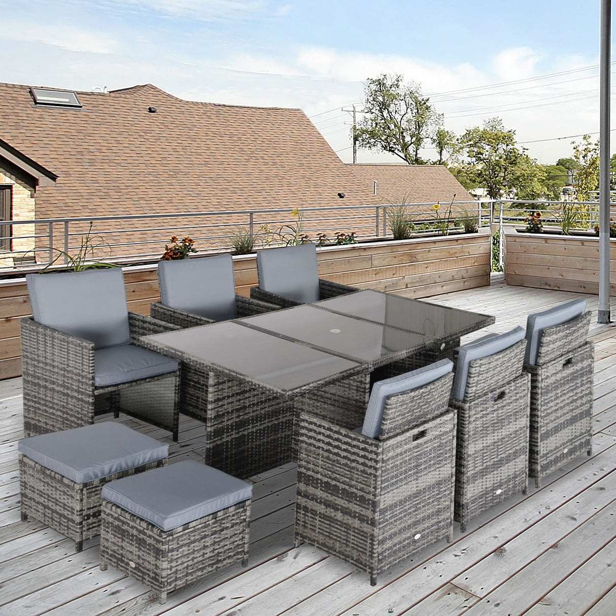 Poly Rattan Cube 10 Seater Garden Dining Set With Glass Top Table - Velmora